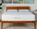 Mattress on a wooden bed frame with a plant and wall art in the background