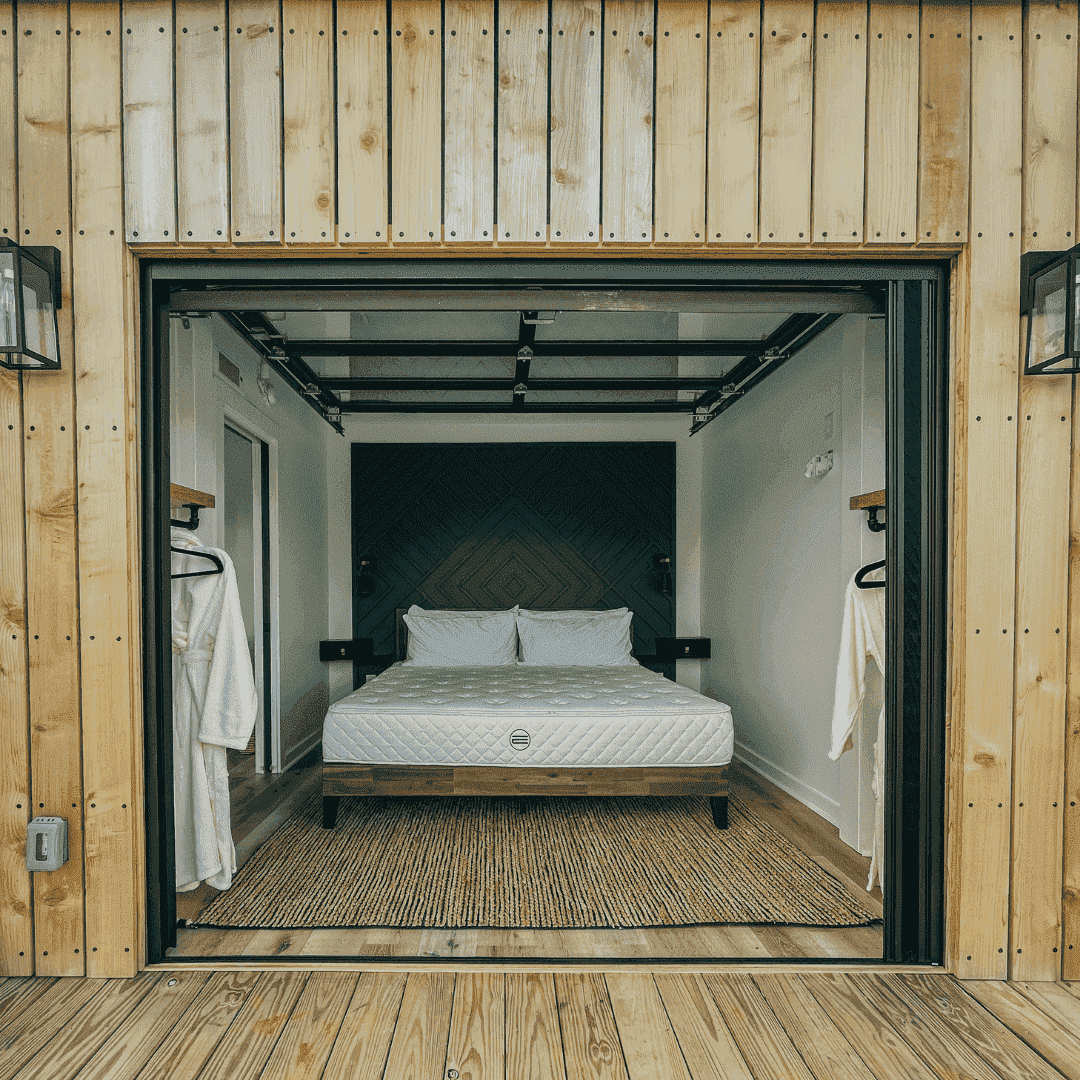 a bed and mattress in a small room
