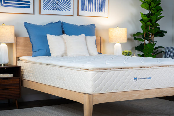 Mattress and bedframe with blue and white pillows in a bedroom setting