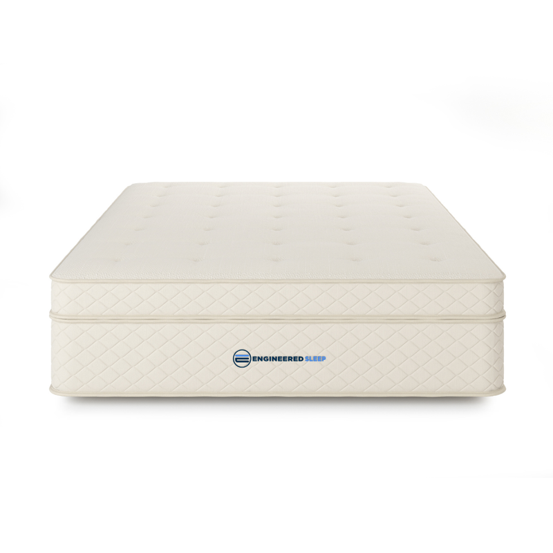 White mattress with 'Engineered Sleep' branding on a white background