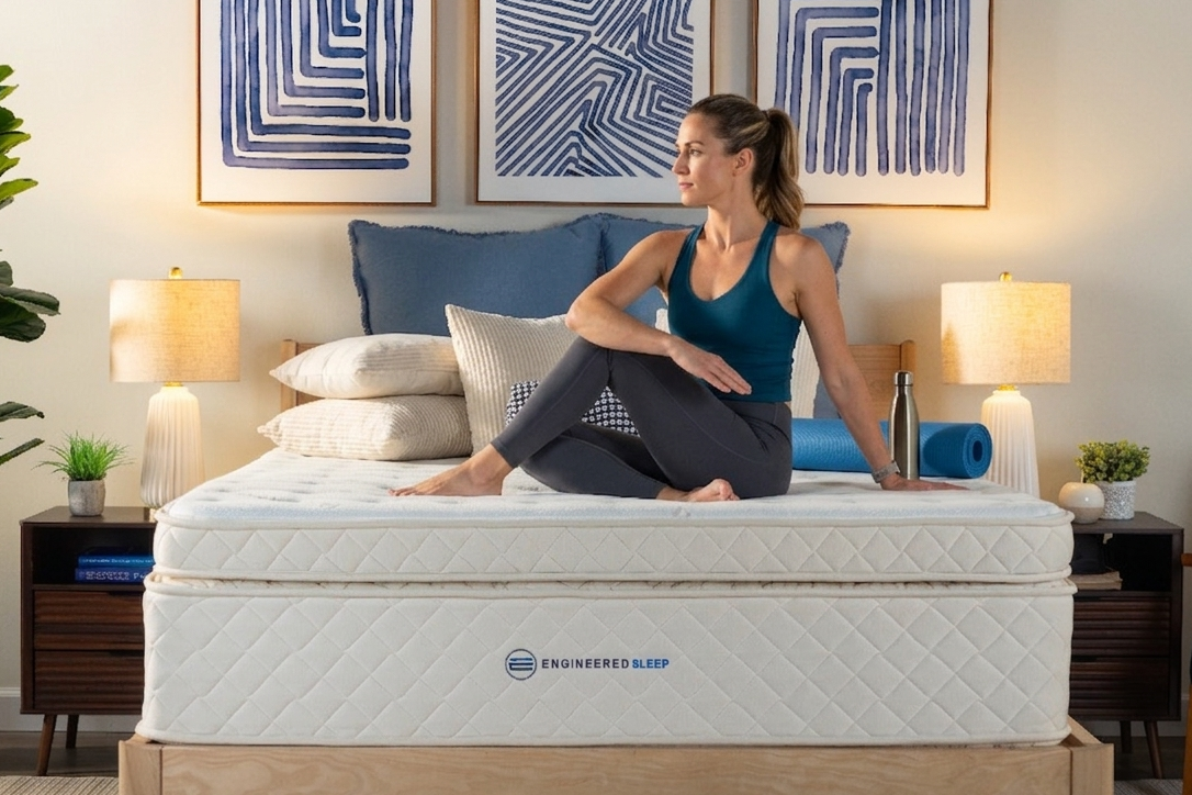 Woman sitting on a mattress in a bedroom with 'Engineered Sleep' branding.