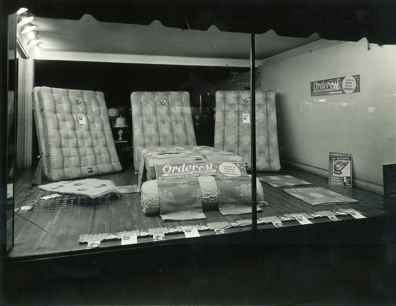 vintage photo of a mattress store window display