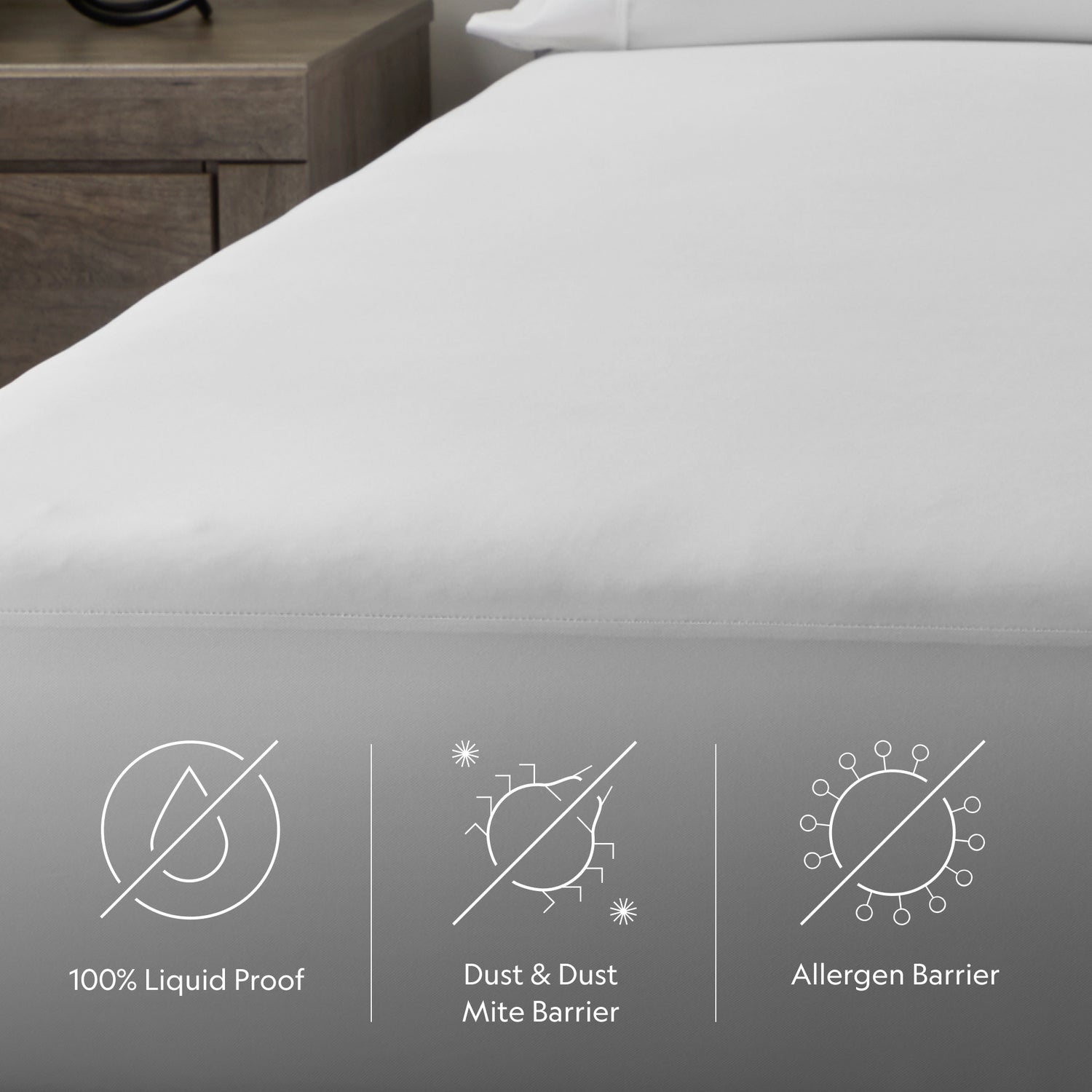 a 100% liquid proof mattress protectos, dust and mite barrier and allergen barried close up picture